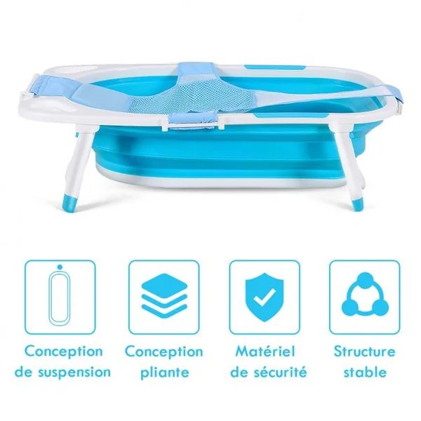 Baignoire Bébé Pliable avec Coussinet Suspension en Maille et Tapis Antidérapant 86 x 51,5 x 23cm
