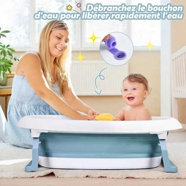 Baignoire Pliable en PP pour Bébé de 0-3 ans avec Coussin Suspension Bouchon de Drainage Bouchon d'Eau 81x48x24cm Bleu