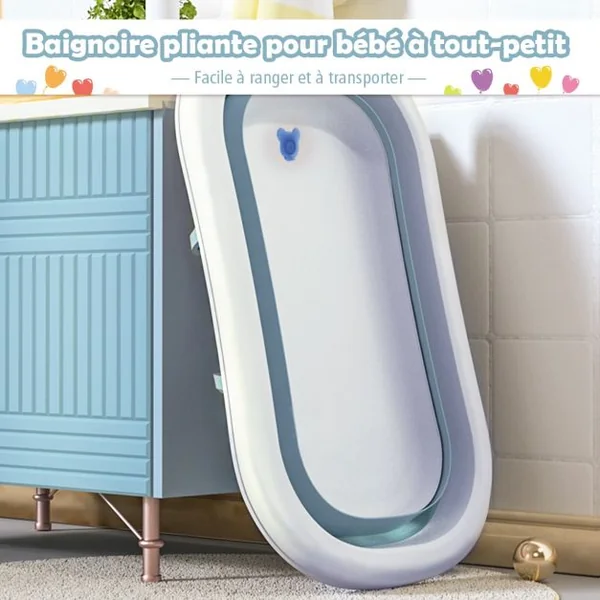 Baignoire Pliable en PP pour Bébé de 0-3 ans avec Coussin Suspension Bouchon de Drainage Bouchon d'Eau 81x48x24cm Bleu