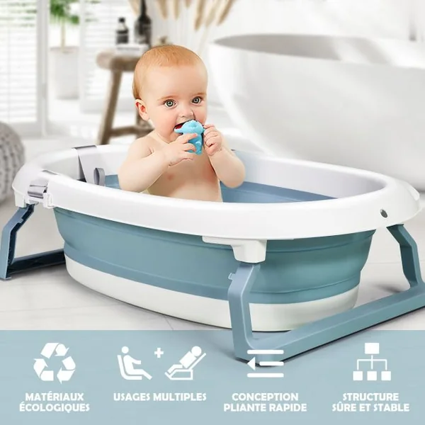 Baignoire Pliable en PP pour Bébé de 0-3 ans avec Coussin Suspension Bouchon de Drainage Bouchon d'Eau 81x48x24cm Bleu