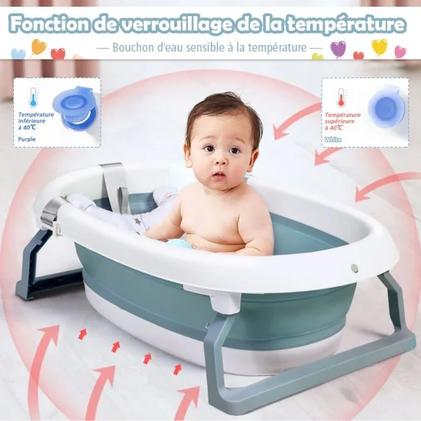 Baignoire Pliable en PP pour Bébé de 0-3 ans avec Coussin Suspension Bouchon de Drainage Bouchon d'Eau 81x48x24cm Bleu