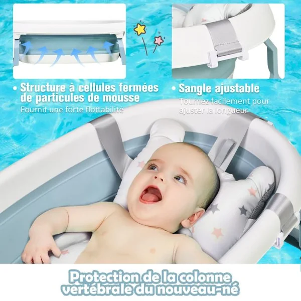 Baignoire Pliable en PP pour Bébé de 0-3 ans avec Coussin Suspension Bouchon de Drainage Bouchon d'Eau 81x48x24cm Bleu