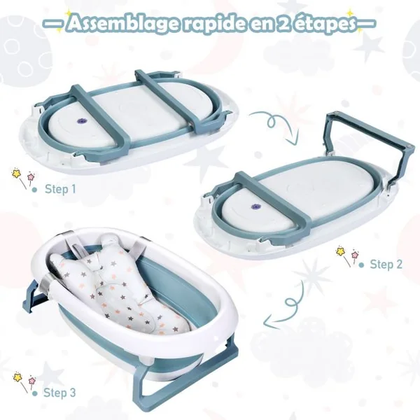 Baignoire Pliable en PP pour Bébé de 0-3 ans avec Coussin Suspension Bouchon de Drainage Bouchon d'Eau 81x48x24cm Bleu