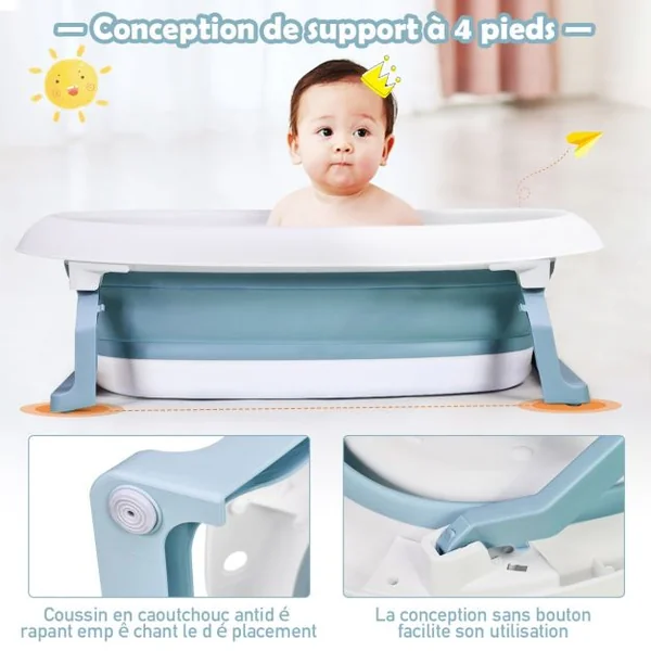 Baignoire Pliable en PP pour Bébé de 0-3 ans avec Coussin Suspension Bouchon de Drainage Bouchon d'Eau 81x48x24cm Bleu