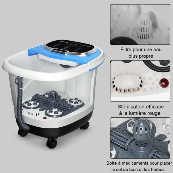 Bain de Pied 15L avec Ecran LED 6 Rouleau de Massage C Chaleur Automatique 35℃-48℃ Fonction de Douche et Lumière Bleu Foncé/Café/Gris/Bleu