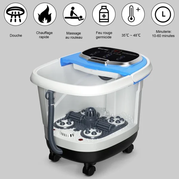 Bain de Pied 15L avec Ecran LED 6 Rouleau de Massage C Chaleur Automatique 35℃-48℃ Fonction de Douche et Lumière Bleu Foncé/Café/Gris/Bleu