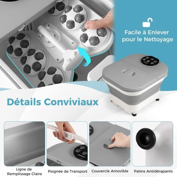 Bain de Pieds avec Chaleur Douche et Minuteur Masseur de Pieds Pliable Température de 35-48°C Gris