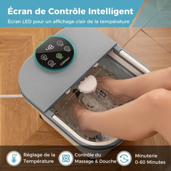 Bain de Pieds avec Chaleur Douche et Minuteur Masseur de Pieds Pliable Température de 35-48°C Gris