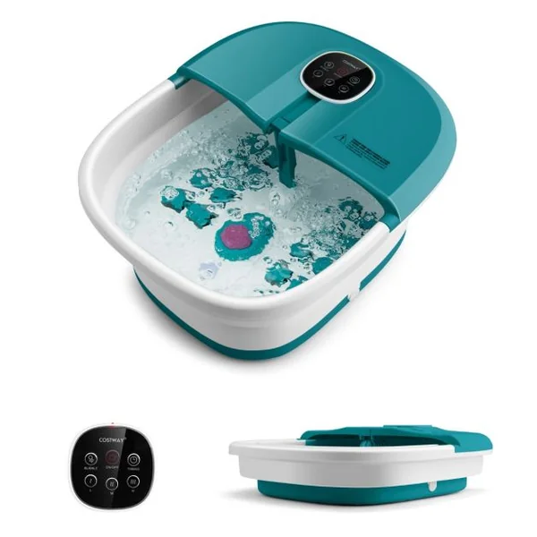 Bain de Pieds Massant Pliable Lumière Rouge Température Réglable avec Télécommande Massage au Rouleau Vert/Bleu/Vert Foncé
