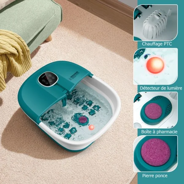 Bain de Pieds Massant Pliable Lumière Rouge Température Réglable avec Télécommande Massage au Rouleau Vert/Bleu/Vert Foncé
