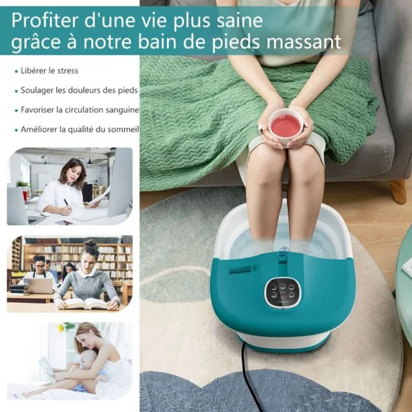 Bain de Pieds Massant Pliable Lumière Rouge Température Réglable avec Télécommande Massage au Rouleau Vert/Bleu/Vert Foncé