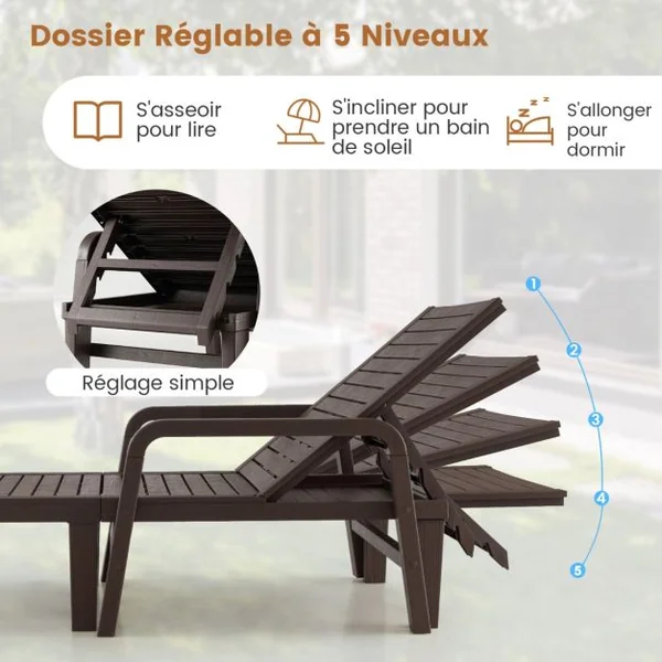 Bain de Soleil de Jardin Réglable à 4 Positions avec 6 Pieds de Soutien pour Jardin Cour Piscine Patio Jusqu'à 150 kg Marron
