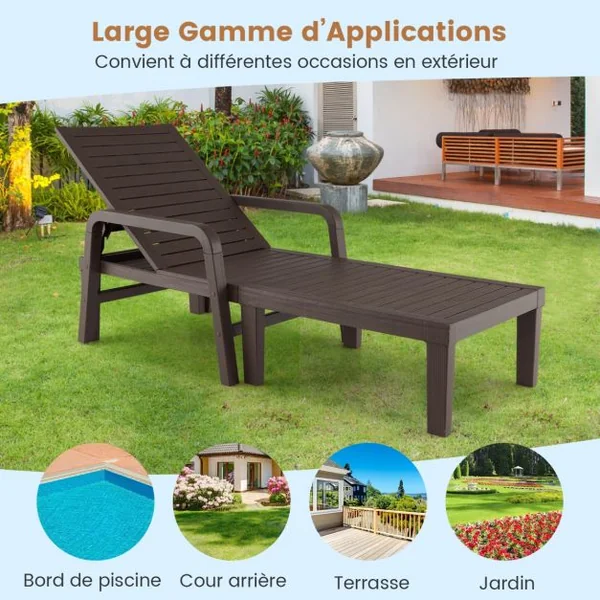 Bain de Soleil de Jardin Réglable à 4 Positions avec 6 Pieds de Soutien pour Jardin Cour Piscine Patio Jusqu'à 150 kg Marron