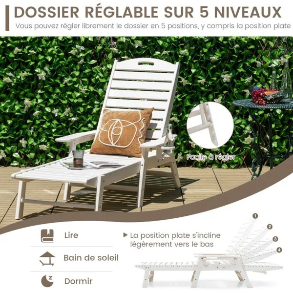 Bain de Soleil Inclinable à Dossier Réglable 5 Positions Transat Jardin Extérieur avec Porte-Gobelet Accoudoirs Charge 150 KG Blanc