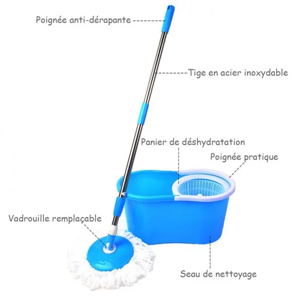 Balai Serpillère 2 en 1 Seau et serpillère Rotatif à 360° Hauteur réglable de 70 à 120 cm, seau 45x24.5x22 cm, Bleu