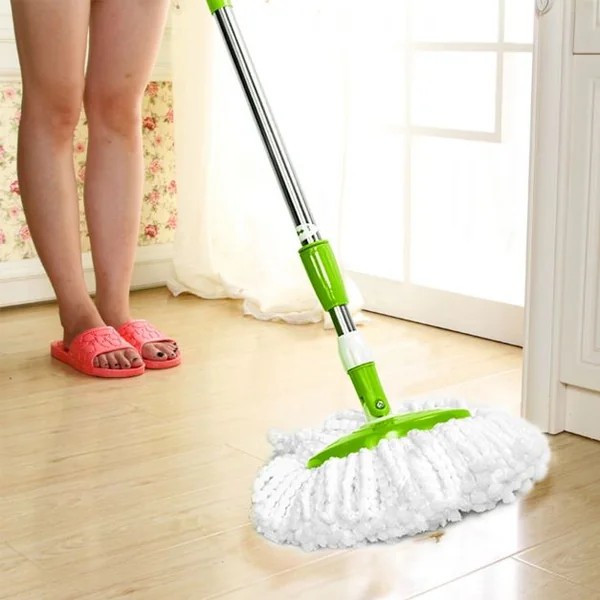 Balai Serpillère Rotatif avec Seau et 2 Têtes en Microfibre Vadrouille de Nettoyage Rotative Hauteur Réglable Vert