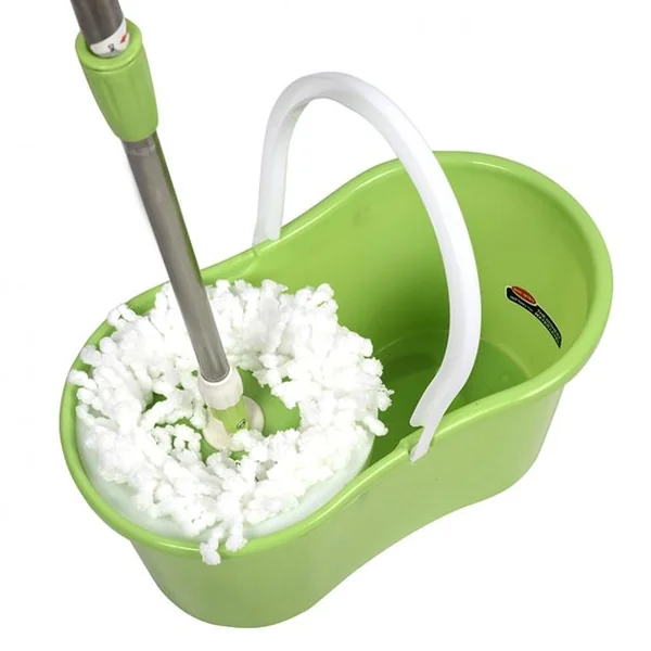 Balai Serpillère Rotatif avec Seau et 2 Têtes en Microfibre Vadrouille de Nettoyage Rotative Hauteur Réglable Vert