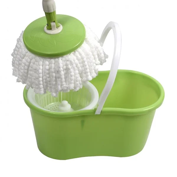 Balai Serpillère Rotatif avec Seau et 2 Têtes en Microfibre Vadrouille de Nettoyage Rotative Hauteur Réglable Vert