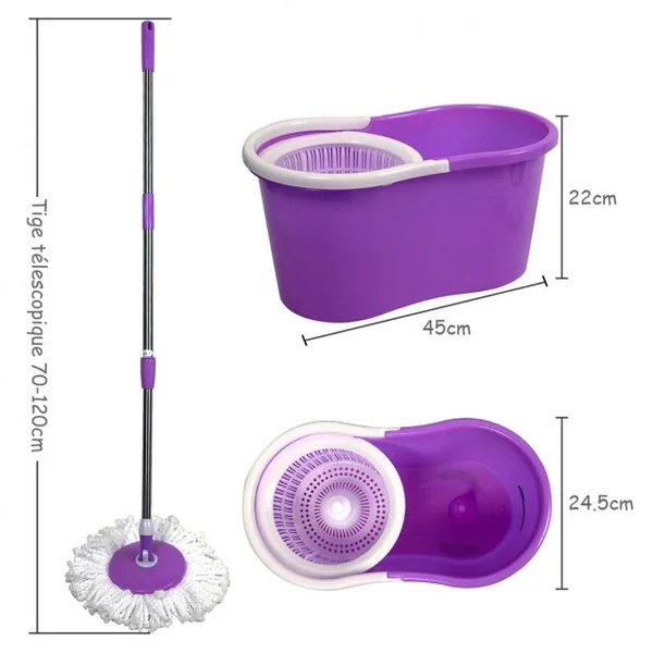 Balai Serpillère Rotatif avec Seau et 2 Têtes en Microfibre Vadrouille de Nettoyage Rotative Hauteur Réglable Violet