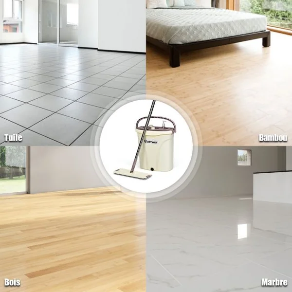 Balai Vadrouille 2 Chiffons et 1 Seau 3 Niveaux Réglables Capacité Eau Sale 6l Eau Propre 3l en Pp Acier Inoxydable ABS