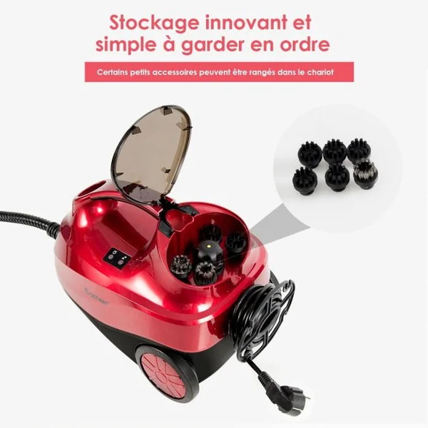 Balai Vapeur 2000w Polyvalent Pression 4 Bars 19 Accessoires Réservoir de 1,5L Voyant Led en Abs 23x43x114,5cm Rouge