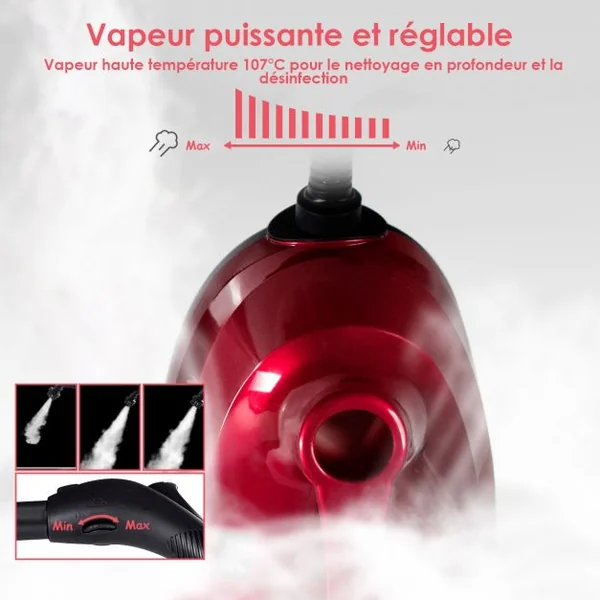 Balai Vapeur 2000w Polyvalent Pression 4 Bars 19 Accessoires Réservoir de 1,5L Voyant Led en Abs 23x43x114,5cm Rouge