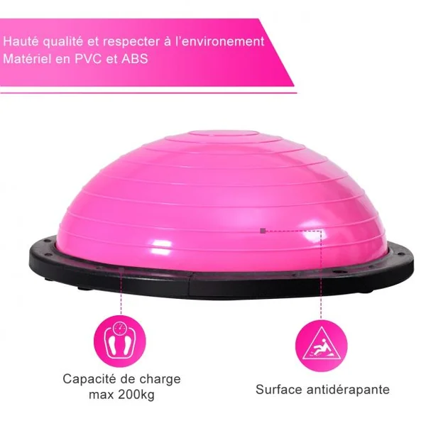 Balance Trainer Fitness Demi-ballon d’Équilibre, Cordes Élastiques, Base Antidérapante, 59,5x59,5x25cm, Rose