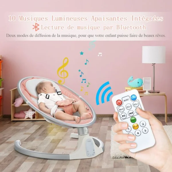 Balancelle Bébé Electrique Programmable 5 Modes d'Angle 5 Vitesses 10 Chansons Bluetooth Moustiquaire Amovible Oreiller Rose