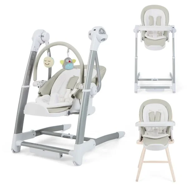 Balancelle Bébé Evolutif Chaise Haute Pliante Dossier à 5 Positions 3 Repose-pieds et 8 Hauteurs Réglables Plateau Double Gris