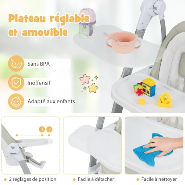 Balancelle Bébé Evolutif Chaise Haute Pliante Dossier à 5 Positions 3 Repose-pieds et 8 Hauteurs Réglables Plateau Double Gris