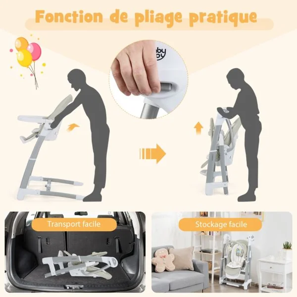 Balancelle Bébé Evolutif Chaise Haute Pliante Dossier à 5 Positions 3 Repose-pieds et 8 Hauteurs Réglables Plateau Double Gris