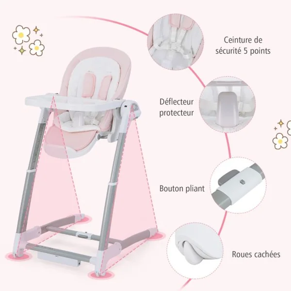 Balancelle Bébé Evolutif Chaise Haute Pliante Dossier à 5 Positions 3 Repose-pieds et 8 Hauteurs Réglables Plateau Double Rose