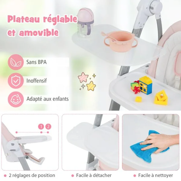 Balancelle Bébé Evolutif Chaise Haute Pliante Dossier à 5 Positions 3 Repose-pieds et 8 Hauteurs Réglables Plateau Double Rose
