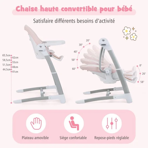 Balancelle Bébé Evolutif Chaise Haute Pliante Dossier à 5 Positions 3 Repose-pieds et 8 Hauteurs Réglables Plateau Double Rose