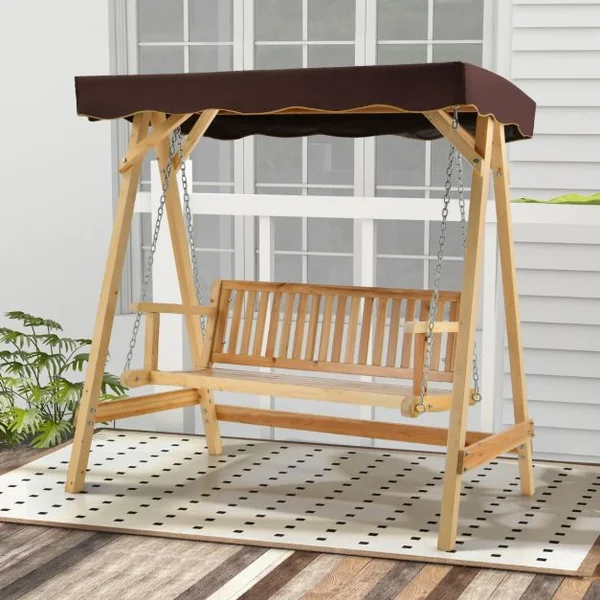 Balancelle de Jardin 2 Places en Bois avec Toit Inclinable Imperméable Chaîne Métallique Réglable Charge 240KG Cadre en A pour Jardin Véranda Cour