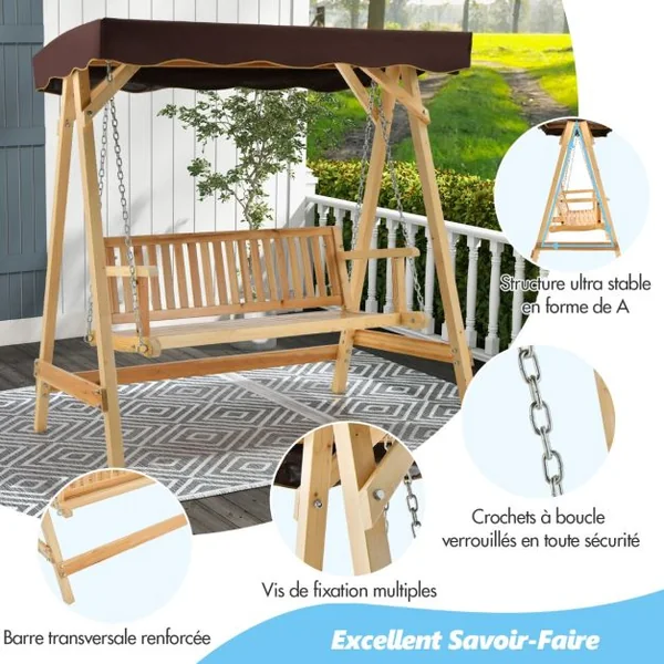 Balancelle de Jardin 2 Places en Bois avec Toit Inclinable Imperméable Chaîne Métallique Réglable Charge 240KG Cadre en A pour Jardin Véranda Cour
