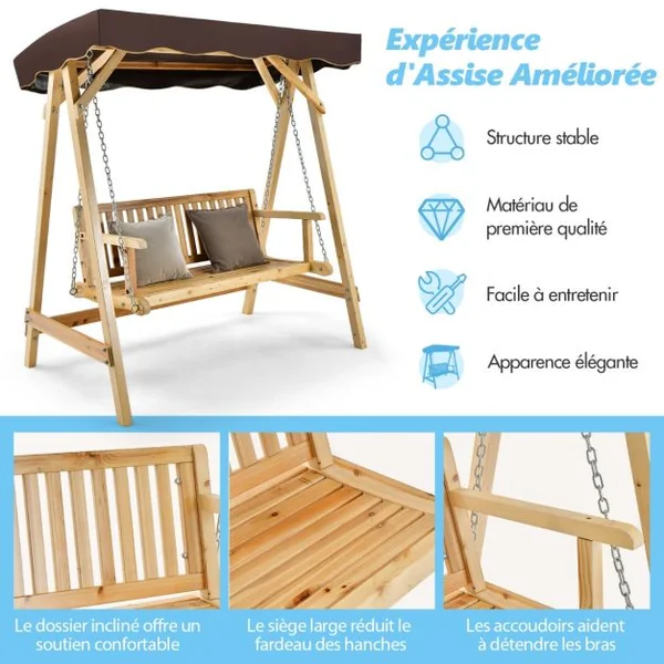 Balancelle de Jardin 2 Places en Bois avec Toit Inclinable Imperméable Chaîne Métallique Réglable Charge 240KG Cadre en A pour Jardin Véranda Cour