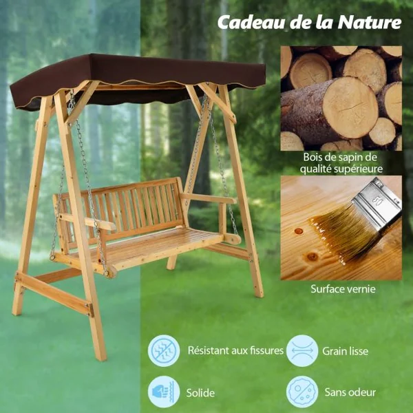 Balancelle de Jardin 2 Places en Bois avec Toit Inclinable Imperméable Chaîne Métallique Réglable Charge 240KG Cadre en A pour Jardin Véranda Cour