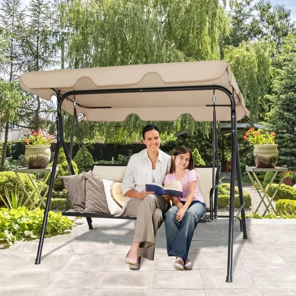 Balancelle de Jardin 3 Places Toile Anti-UV et Cadre Antirouille en Polyester et Acier, 173x119x152cm,Brun