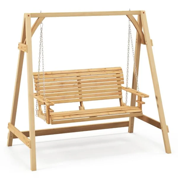 Balancelle de Jardin en Bois 2 Places avec Porte-gobelets et Accoudoirs Balancelle Exterieur Charge 240KG avec Chaîne Métallique et Structure en Forme A