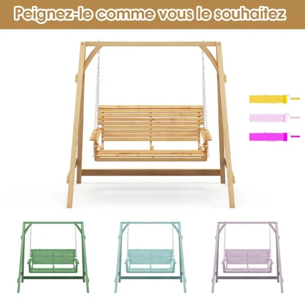 Balancelle de Jardin en Bois 2 Places avec Porte-gobelets et Accoudoirs Balancelle Exterieur Charge 240KG avec Chaîne Métallique et Structure en Forme A