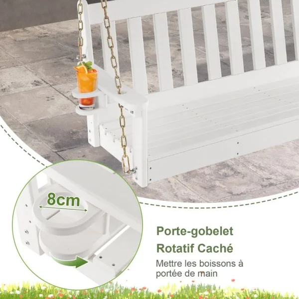 Balancelle de Jardin en HDPE 2 Places avec Porte-gobelets Balançoire Exterieur Charge 320KG avec Chaîne Hauteur 110/120/130cm Blanc