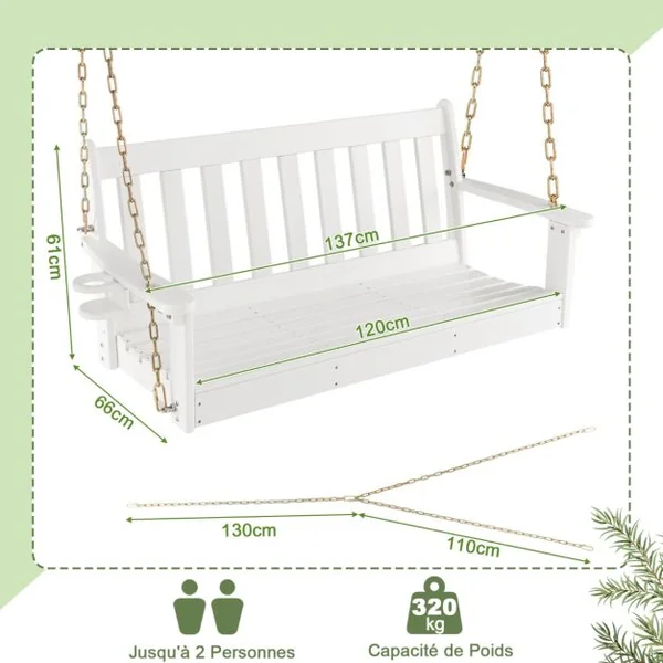 Balancelle de Jardin en HDPE 2 Places avec Porte-gobelets Balançoire Exterieur Charge 320KG avec Chaîne Hauteur 110/120/130cm Blanc