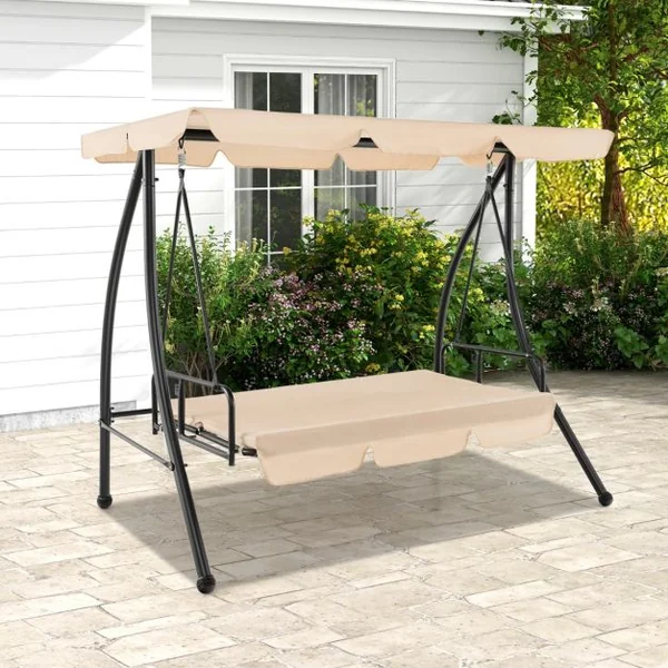 Balancelle d'Extérieur Convertible 2 Places avec Lit Plat Hamac de Terrasse avec Auvent Réglable et Coussin Amovible Pour Jardin