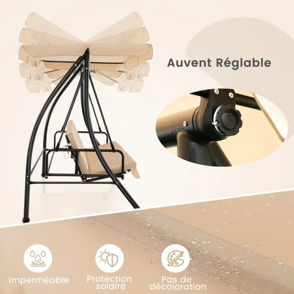 Balancelle d'Extérieur Convertible 2 Places avec Lit Plat Hamac de Terrasse avec Auvent Réglable et Coussin Amovible Pour Jardin