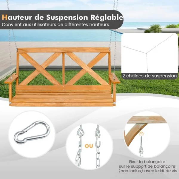 Balançoire de 134CM en Bois Massif pour 2 Personnes Charge 240Kg