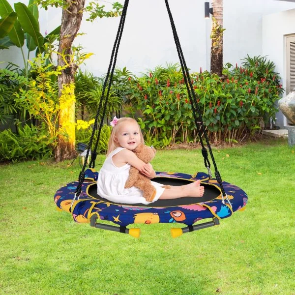 Balançoire Nid d’Oiseau 2 en 1 Trampoline pour Enfants Pliable Diamètre 92cm avec Main Courante Rembourrée Agé de 3+