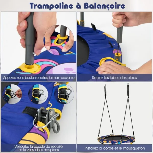 Balançoire Nid d’Oiseau 2 en 1 Trampoline pour Enfants Pliable Diamètre 92cm avec Main Courante Rembourrée Agé de 3+