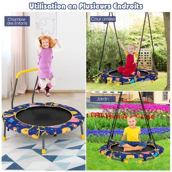 Balançoire Nid d’Oiseau 2 en 1 Trampoline pour Enfants Pliable Diamètre 92cm avec Main Courante Rembourrée Agé de 3+