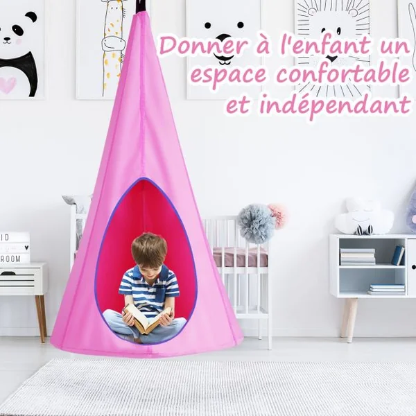 Balançoire Nid d’Oiseau avec Tente Hamac à Suspendu avec Crochet et Corde Charge Max.115KG Rose